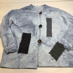 Kunky's Wearable Art Cardigan Sweater Womens XL Blue Fleece Hand Painted